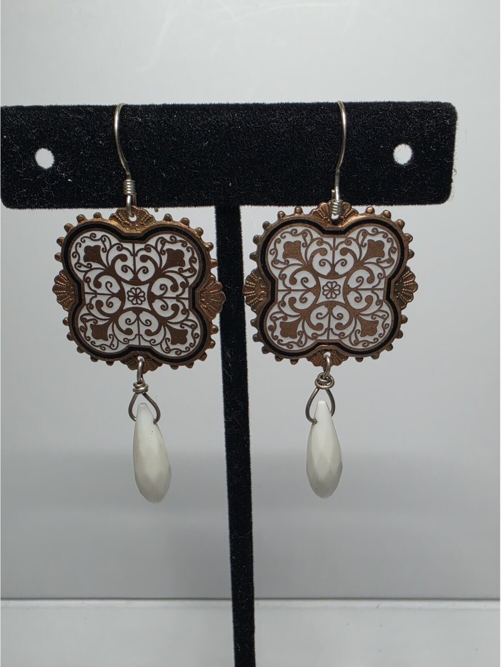 Vintage Copper Enamel Quatrefoil Dangle Earrings White Teardrop Bead Boho 925